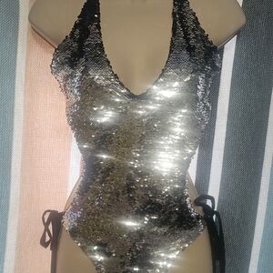 Sequin V-Neck One-Piece Swimsuit in Reversible Silver/Black
